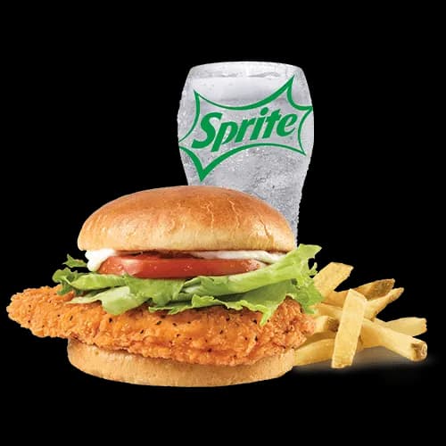 Spicy chicken fillet sandwich combo with fries and a Sprite from Wendy’s Jamaica
