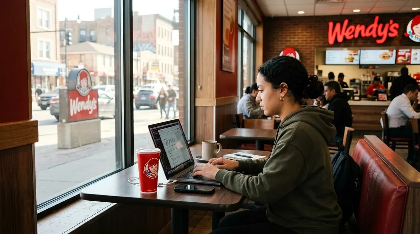 person working on laptop in wendys booth
