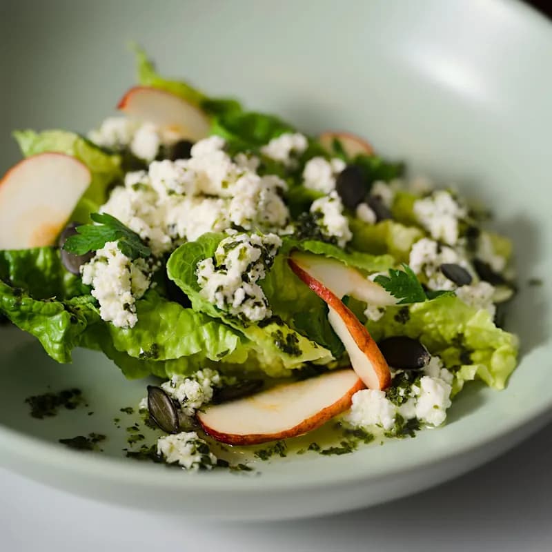 Apple and feta salad in a green bowl, showing the fresh apple style of a gluten free apple pecan salad