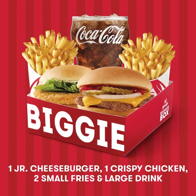 Wendy’s Trinidad Biggie Box with a Jr. Cheeseburger, crispy chicken, two small fries and a large drink