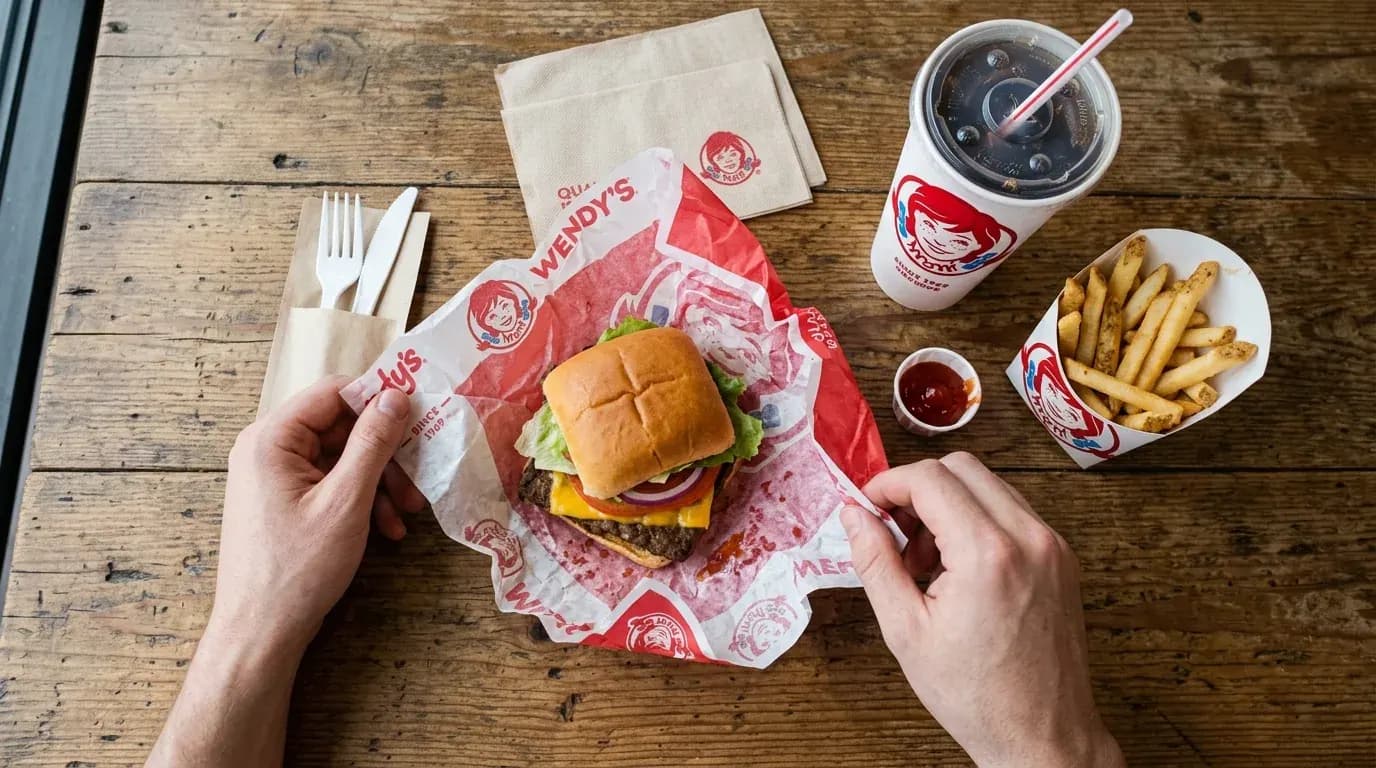 Wendy’s burger unwrapped with fries and drink