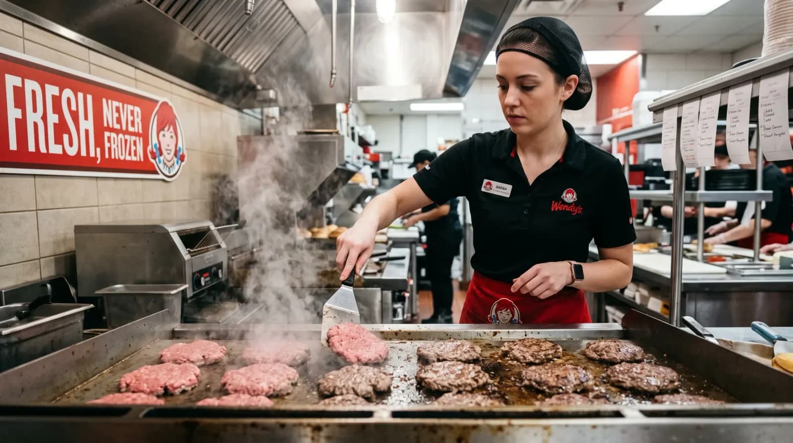 Wendy’s kitchen staff grilling fresh beef scaled