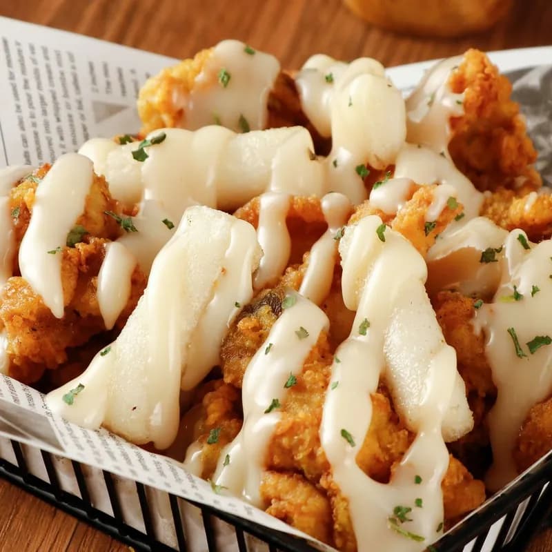 Chicken nuggets in a basket with creamy sauce, breaded nuggets that are not gluten free