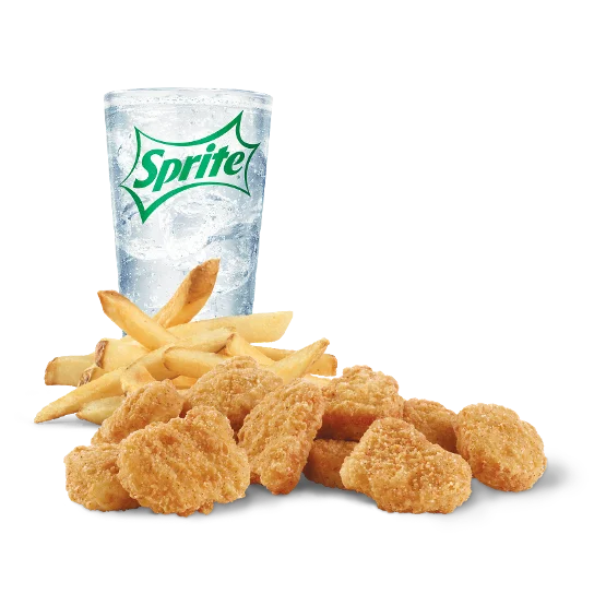 Wendy’s 10 PC. Chicken Nugget Combo with crispy nuggets, golden fries, and a soft drink on a serving tray.
