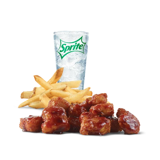 Wendy’s 10 PC. Saucy Nuggs Combo with crispy chicken nuggets, fries, and a drink served in a combo tray.