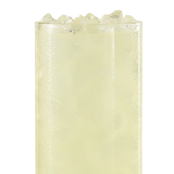 Wendy’s All-Natural Lemonade served over ice, pale yellow in color with a crisp, refreshing citrus flavor.