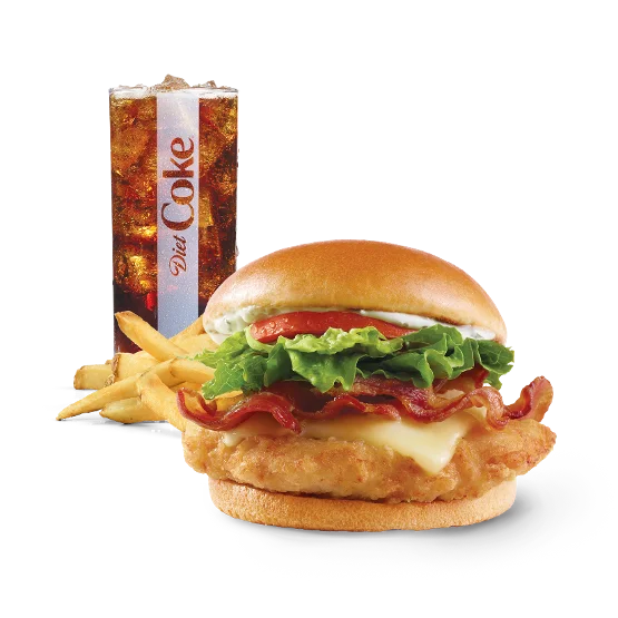 Wendy’s Asiago Ranch Chicken Club Combo with crispy chicken sandwich, fries, and a soft drink on a tray.