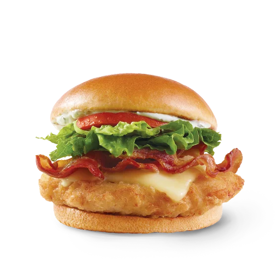 Wendy’s Asiago Ranch Classic Chicken Club with a crispy chicken breast, Applewood smoked bacon, Asiago cheese, lettuce, tomato, and ranch on a toasted bun.