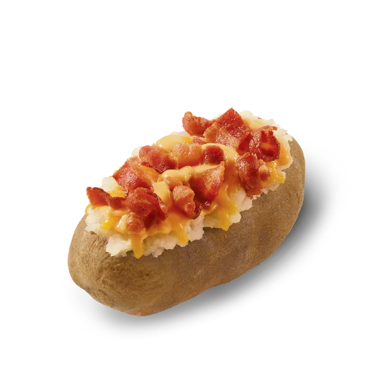 Wendy’s Bacon Cheese Baked Potato topped with shredded cheddar, creamy cheese sauce, and crispy Applewood smoked bacon.