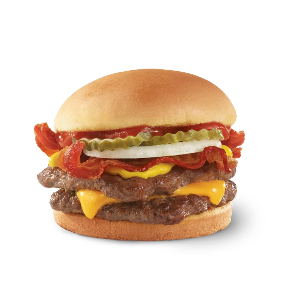 Wendy’s Bacon Double Stack™ with two beef patties, crispy bacon, cheese, pickles, ketchup, and mustard on a toasted bun.