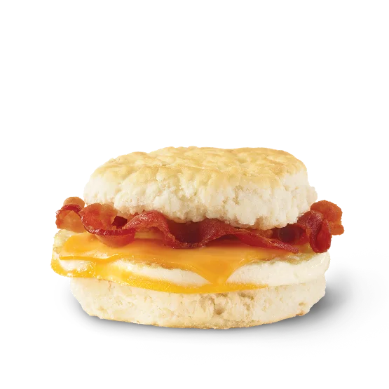Wendy’s Bacon, Egg & Cheese Biscuit with Applewood smoked bacon, a fresh egg, and melted cheese on a warm, flaky biscuit.
