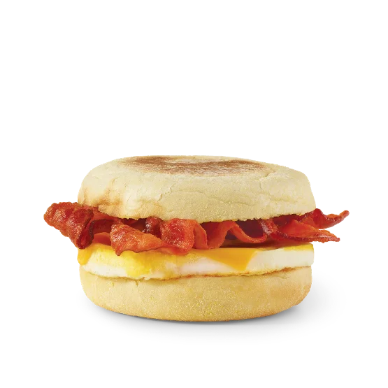 Wendy’s Bacon, Egg & Cheese English Muffin sandwich with Applewood smoked bacon, a fresh egg, and melted cheese on a toasted English muffin.