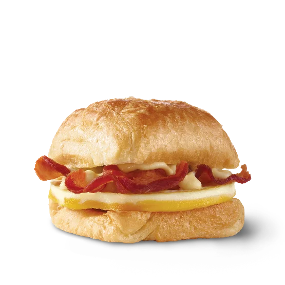 Wendy’s Bacon, Egg & Swiss Croissant with crispy Applewood smoked bacon, a fresh egg, and creamy Swiss cheese sauce on a flaky croissant.