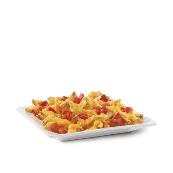 Wendy’s Baconator Fries with natural-cut fries topped with cheese sauce, shredded cheddar, and crispy Applewood smoked bacon.