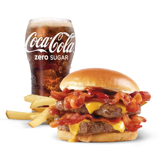 Wendy’s Baconator® Combo with a bacon cheeseburger, natural-cut fries, and a soft drink on a tray.