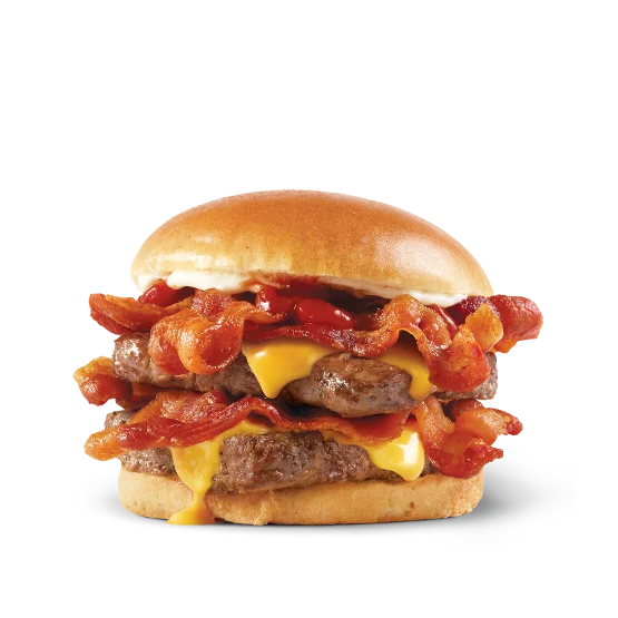 Wendy’s Baconator® burger with two beef patties, six strips of bacon, cheese, ketchup, and mayo on a toasted bun.