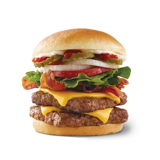 Wendy’s Big Bacon Classic® Double with two beef patties, bacon, cheese, lettuce, tomato, pickles, onions, ketchup, and mayo on a toasted bun.