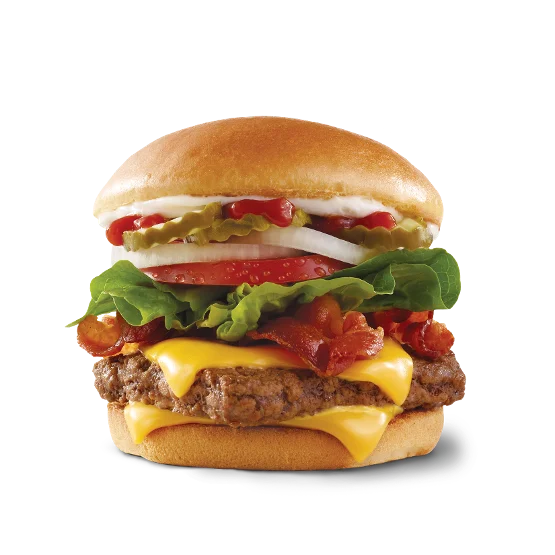 Wendy’s Big Bacon Classic® burger with a fresh beef patty, Applewood smoked bacon, cheese, lettuce, tomato, onion, pickles, ketchup, and mayo on a toasted bun.