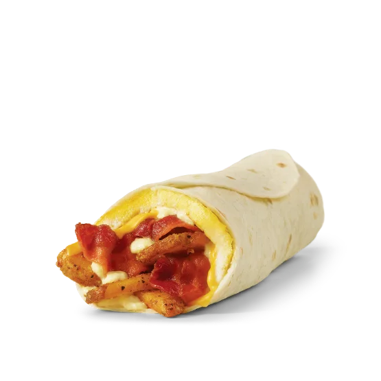 Wendy’s Breakfast Burrito with bacon, egg, seasoned potatoes, and cheese wrapped in a soft tortilla.