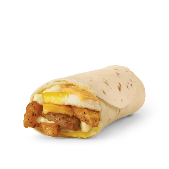 Wendy’s Breakfast Burrito with sausage, egg, seasoned potatoes, and cheddar cheese wrapped in a warm tortilla.