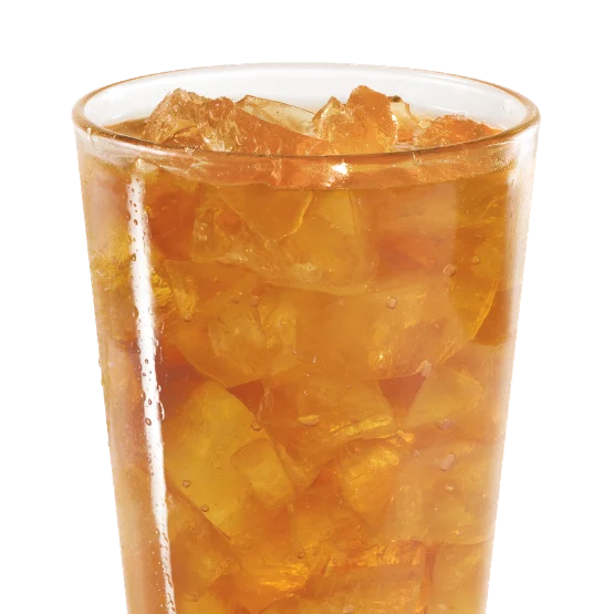 Wendy’s Brewed Unsweetened Iced Tea in a clear cup with ice, light amber in color and naturally refreshing.