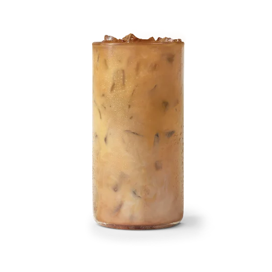 Wendy’s Caramel Frosty® Cream Cold Brew in a clear cup over ice with swirls of caramel and creamy cold brew.