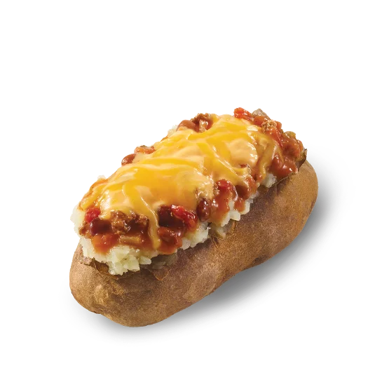 Wendy’s Chili & Cheese Baked Potato topped with hearty beef chili and melted shredded cheddar on a fluffy baked potato.