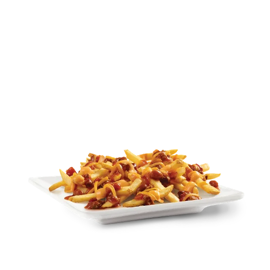 Wendy’s Chili Cheese Fries topped with hearty chili and melted cheddar cheese on hot, crispy fries.