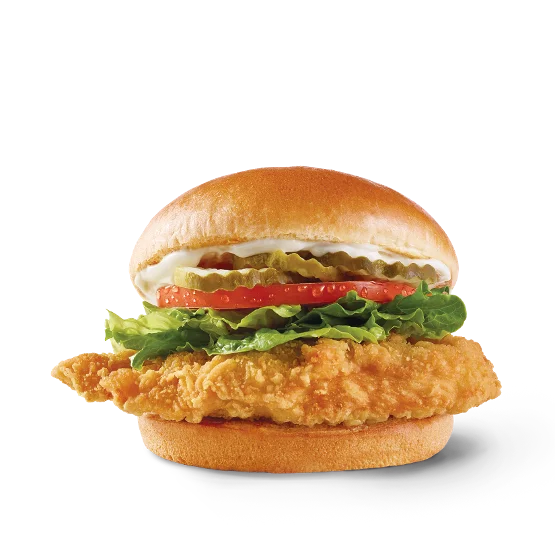 Wendy’s Classic Chicken Sandwich with a crispy chicken fillet, lettuce, tomato, pickles, and mayo on a toasted bun.