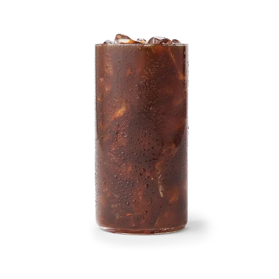 Wendy’s Cold Brew Coffee served over ice in a clear cup, smooth and bold with rich coffee flavor.