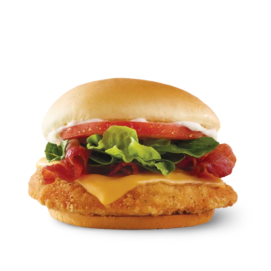 Wendy’s Crispy Chicken BLT with a golden chicken fillet, Applewood smoked bacon, lettuce, tomato, and mayo on a toasted bun.