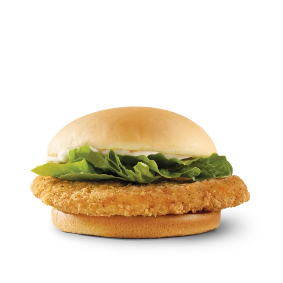 Wendy’s Crispy Chicken Sandwich with a golden, breaded chicken fillet, lettuce, and mayo on a toasted bun.