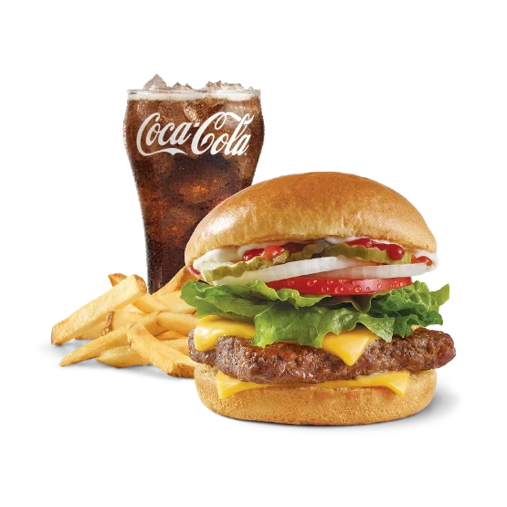 Wendy’s Dave’s Combo with a juicy cheeseburger, natural-cut fries, and a cold drink served in a meal tray.