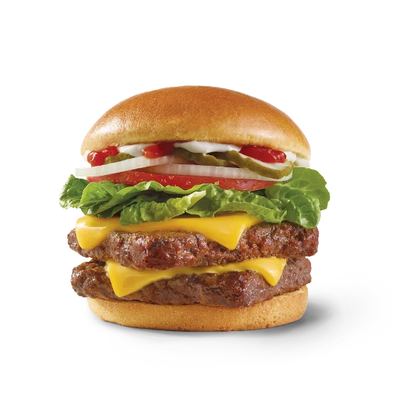 Wendy’s Dave’s Double® burger with two beef patties, cheese, lettuce, tomato, pickles, onions, and ketchup on a toasted bun.