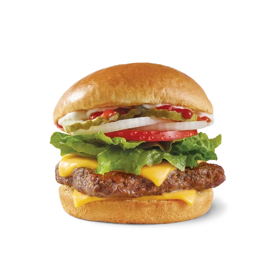 Wendy’s Dave’s Single® burger with a fresh beef patty, cheese, lettuce, tomato, pickles, onions, and ketchup on a toasted bun.