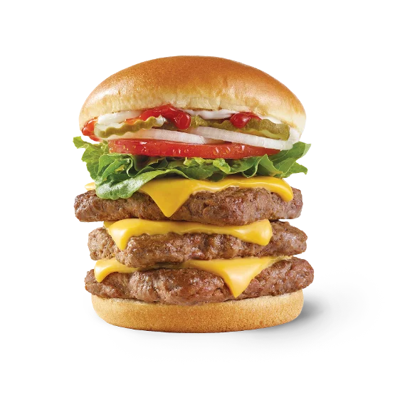 Wendy’s Dave’s Triple® burger with three fresh beef patties, cheese, lettuce, tomato, pickles, onions, ketchup, and mayo on a toasted bun.