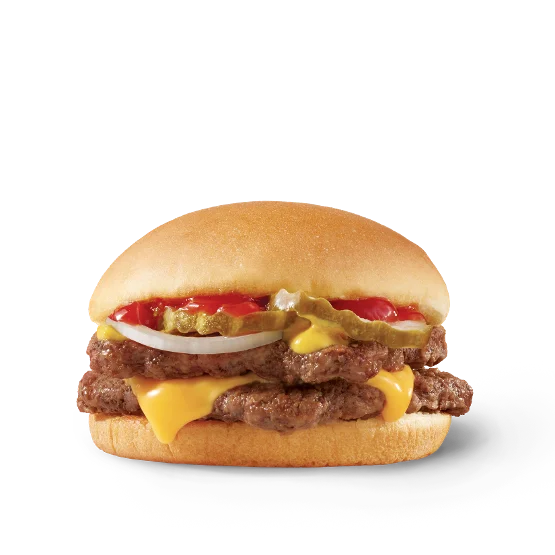 Wendy’s Double Stack™ burger with two junior beef patties, American cheese, pickles, onions, ketchup, and mustard on a toasted bun.