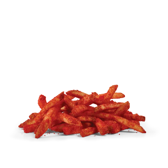Wendy’s Fuego Fries seasoned with bold Takis® Fuego flavor, featuring spicy red seasoning on hot, crispy fries.