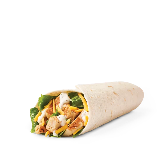 Wendy’s Grilled Chicken Ranch Wrap with grilled chicken, shredded cheddar, romaine lettuce, and ranch sauce in a warm tortilla.