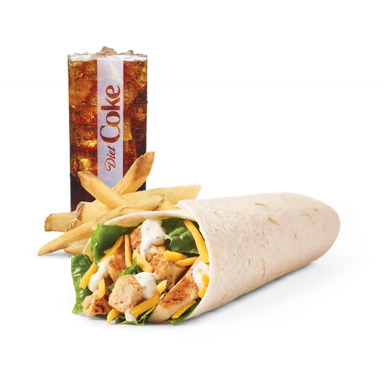 Wendy’s Grilled Chicken Wrap with grilled chicken, shredded cheese, romaine lettuce, and ranch sauce in a warm tortilla.