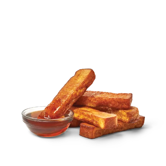 Wendy’s 6 PC. Homestyle French Toast Sticks served golden brown with a side of syrup for dipping.