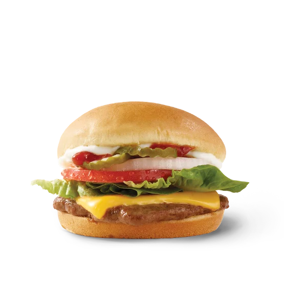 Wendy’s Jr. Cheeseburger Deluxe with a beef patty, cheese, lettuce, tomato, pickles, onions, ketchup, and mayo on a toasted bun.