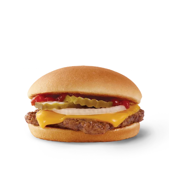 Wendy’s Jr. Cheeseburger with a junior beef patty, American cheese, pickles, onions, ketchup, and mustard on a toasted bun.