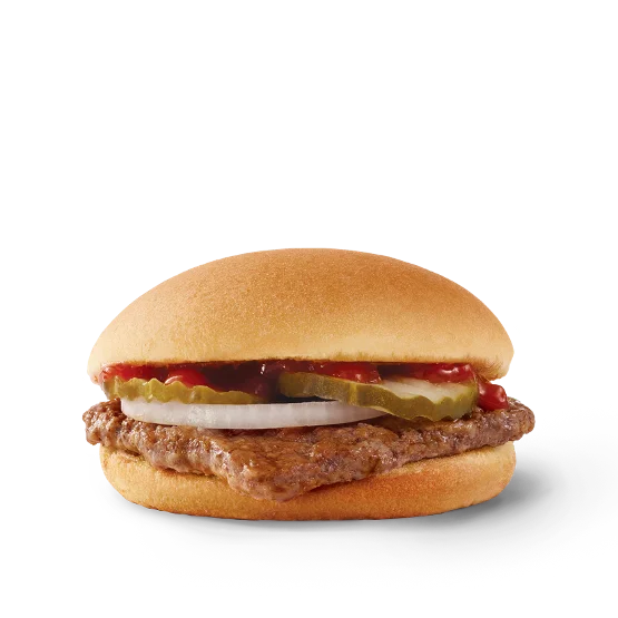 Wendy’s Jr. Hamburger with a fresh beef patty, pickles, onions, ketchup, and mustard on a toasted bun.