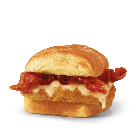 Wendy’s Maple Bacon Chicken Croissant with crispy chicken, Applewood smoked bacon, and maple butter on a flaky croissant bun.