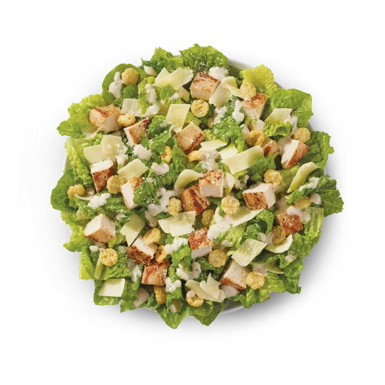 Wendy’s Parmesan Caesar Salad with romaine lettuce, grilled chicken, shaved parmesan, croutons, and Caesar dressing.