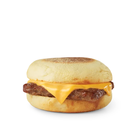 Wendy’s Sausage & Cheese English Muffin sandwich with grilled sausage and melted cheese on a toasted English muffin.