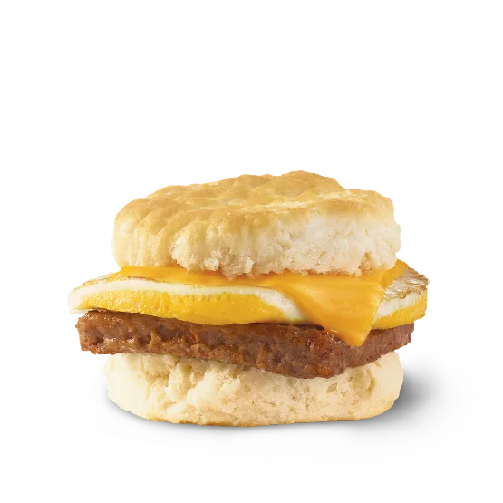 Wendy’s Sausage, Egg & Cheese Biscuit with grilled sausage, a fresh egg, and melted cheese on a warm, flaky buttermilk biscuit.
