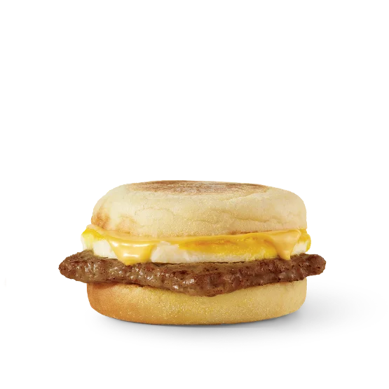 Wendy’s Sausage, Egg & Cheese English Muffin sandwich with grilled sausage, a fresh egg, and melted cheese on a toasted English muffin.