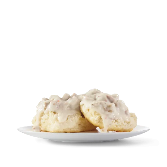 Wendy’s Sausage Gravy & Biscuit featuring a fluffy buttermilk biscuit topped with creamy sausage gravy.
